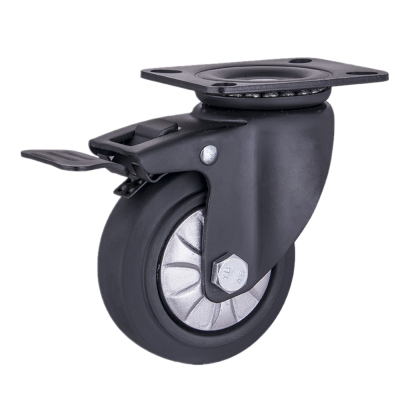 4"  Retractable Warehouse and Transportation Trolley Swivel Total Brake Black Elastic Thermoplastic Rubber Caster