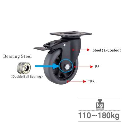 4 Inch E Coated Steel Bracket Grey TPR Wheel Double Ball Bearing Non Marking Medium Heavy Duty Caster Wheels for Carts